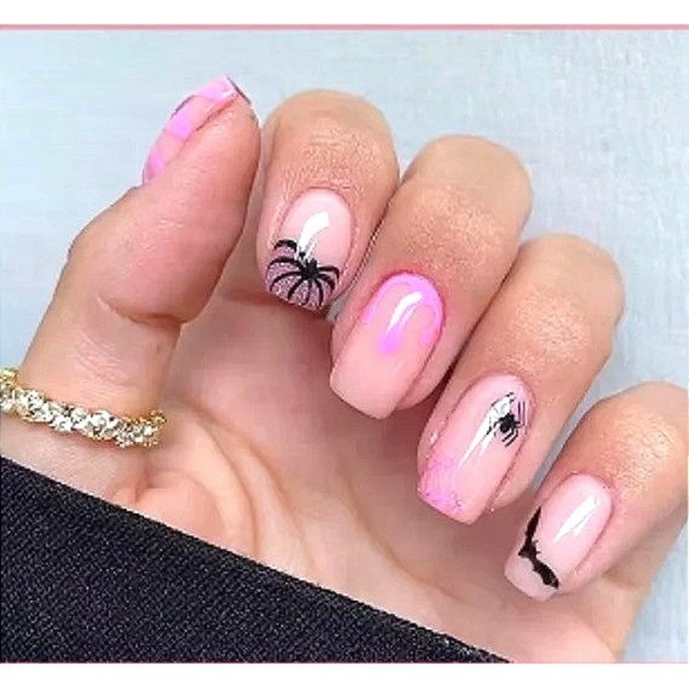 Pink Halloween Press On Nails 24pc Spooky Spider Bat Pumpkin Glitter Kit